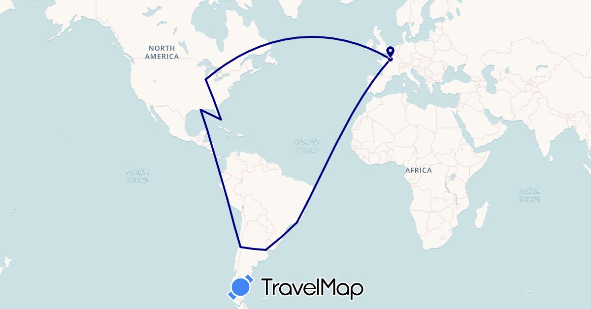 TravelMap itinerary: driving in Argentina, Brazil, Chile, France, Mexico, Peru, United States (Europe, North America, South America)